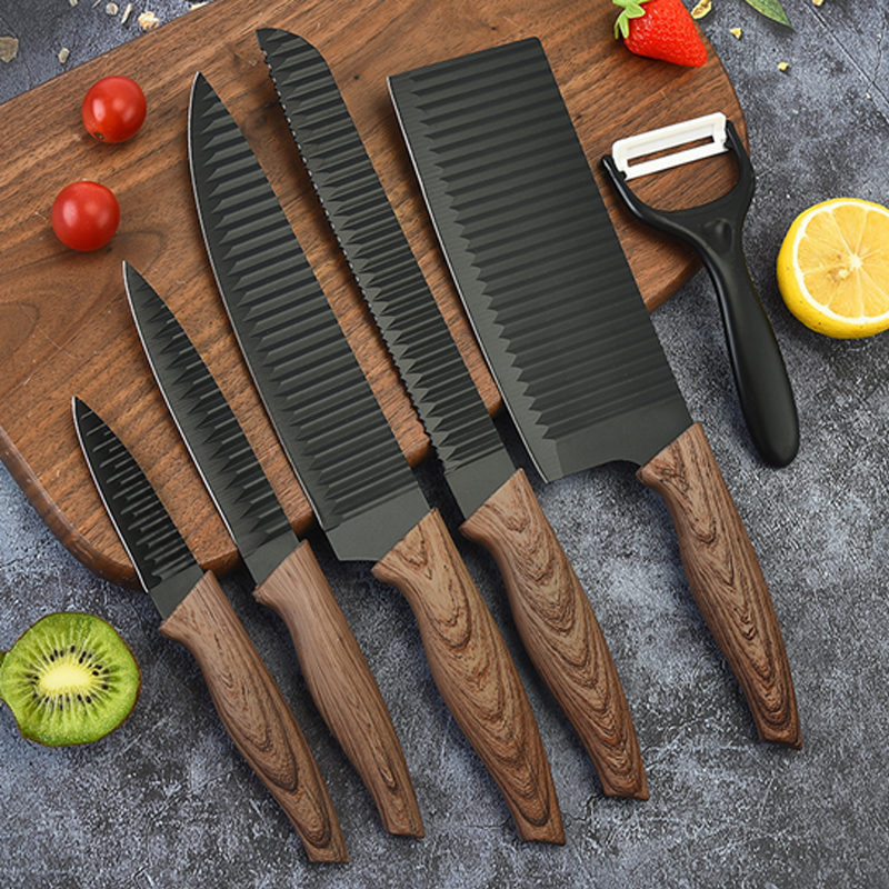 Swallowtail wood grain covered handle large kitchen knife six piece set