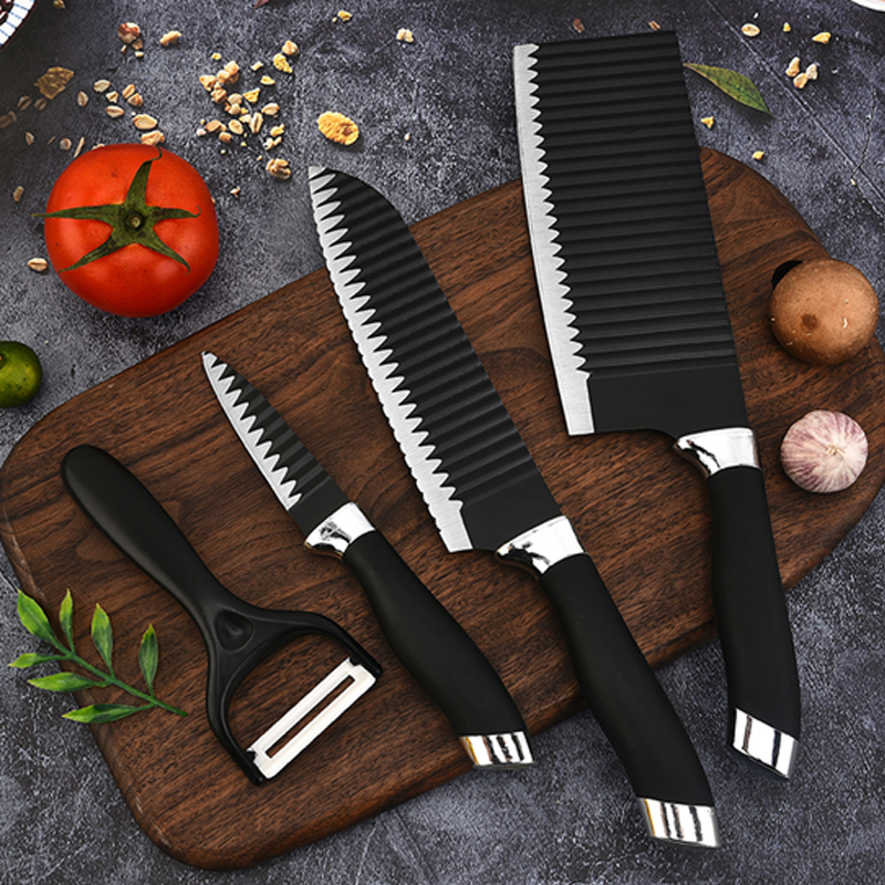 Black Double Plated Head Wave Pattern Four Piece Knife Set